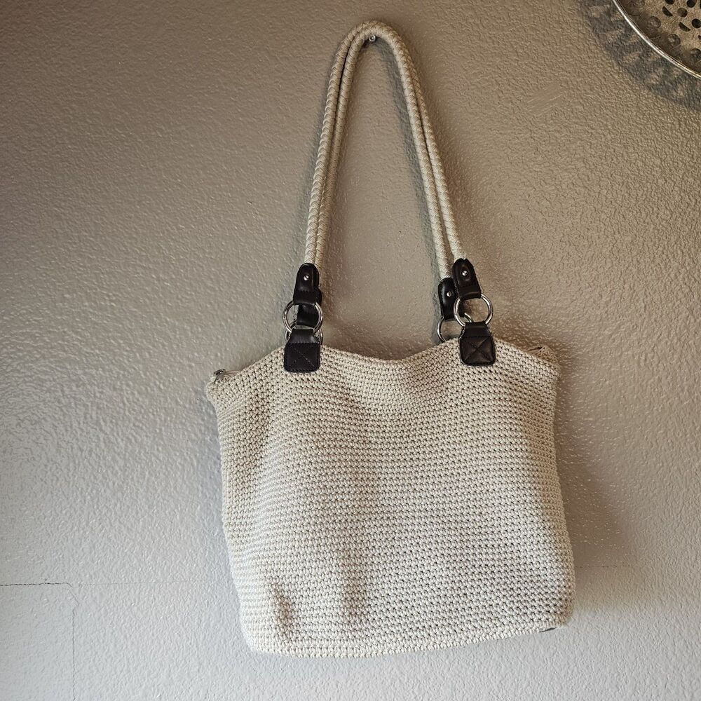 Croft & Barrow Crochet Knit Tote Bag Cream Shoulder Purse Coastal Boho Earthy